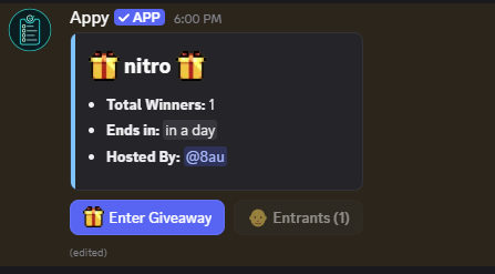 Giveaways feature in Appy, the Discord bot